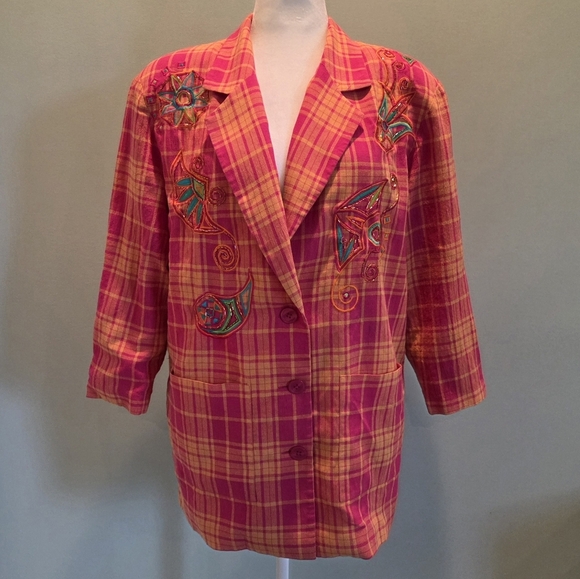 I.B. Diffusion Embroidered Plaid Blazer Jacket Size 10 Pink Orange Vintage 90s - Picture 2 of 14